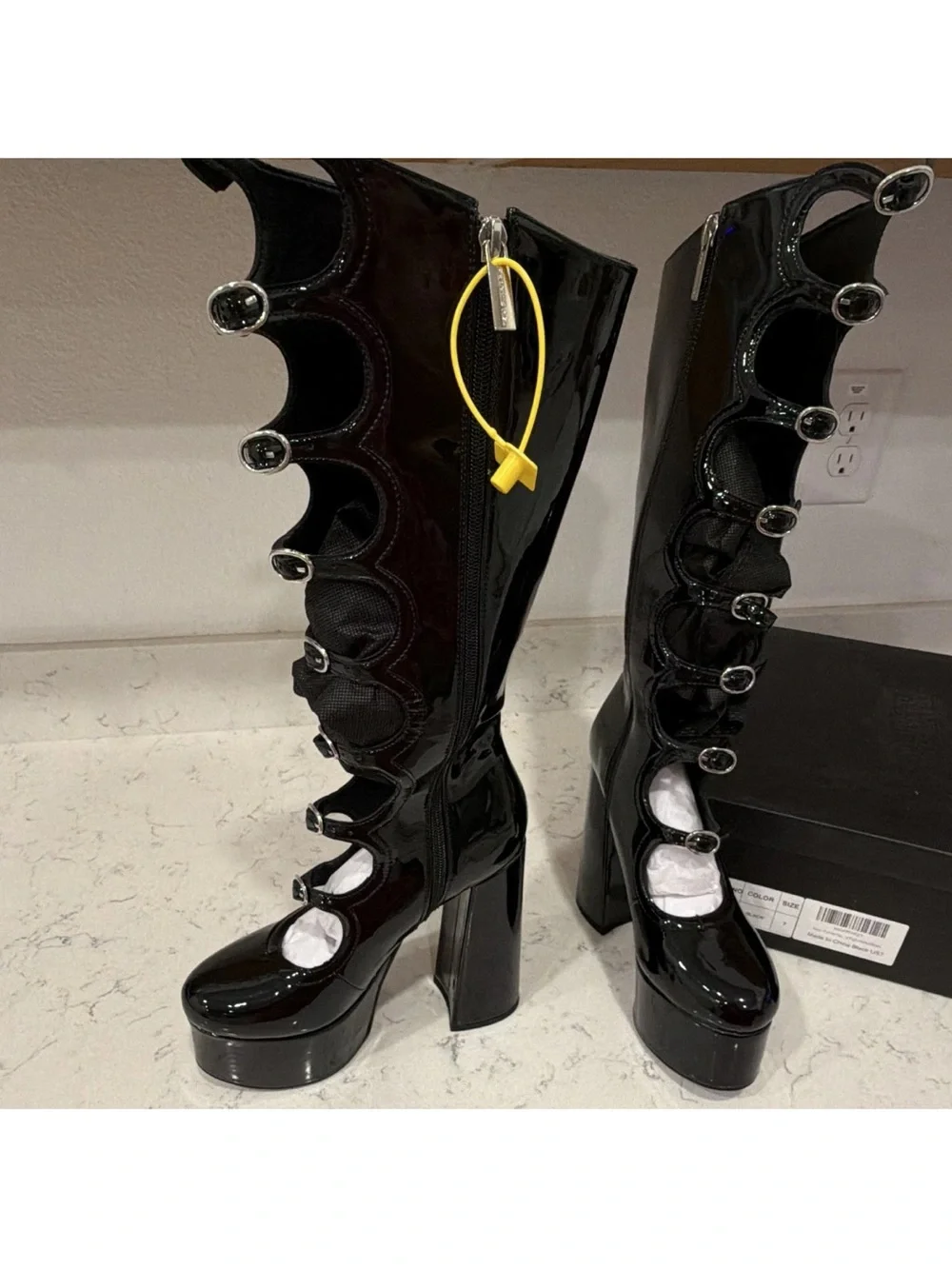 Frankie Hsu Black Knee High Platform Boots Buckle Zip Womens US 7 EU 38